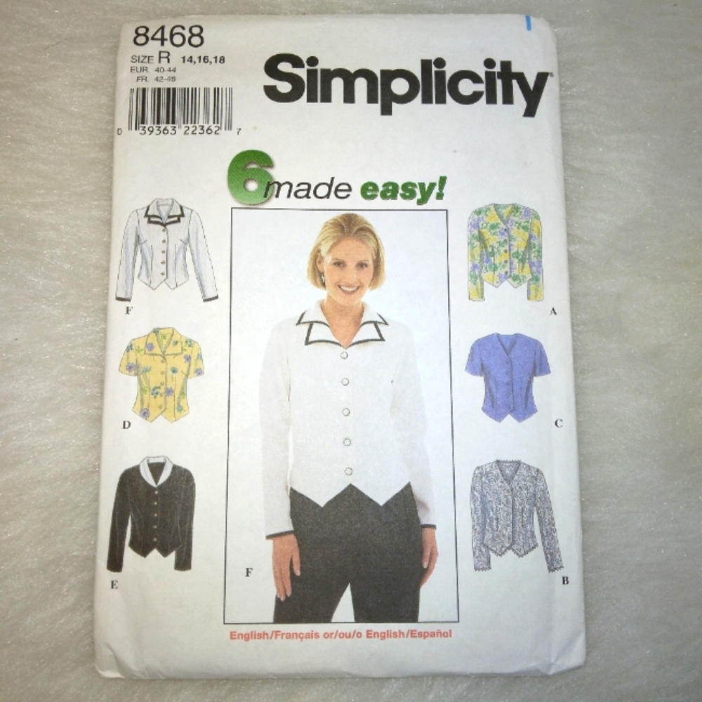 SIMPLICITY 8468 Sz 14-18 Misses semibfitted v-neck blouse in 6 variation…